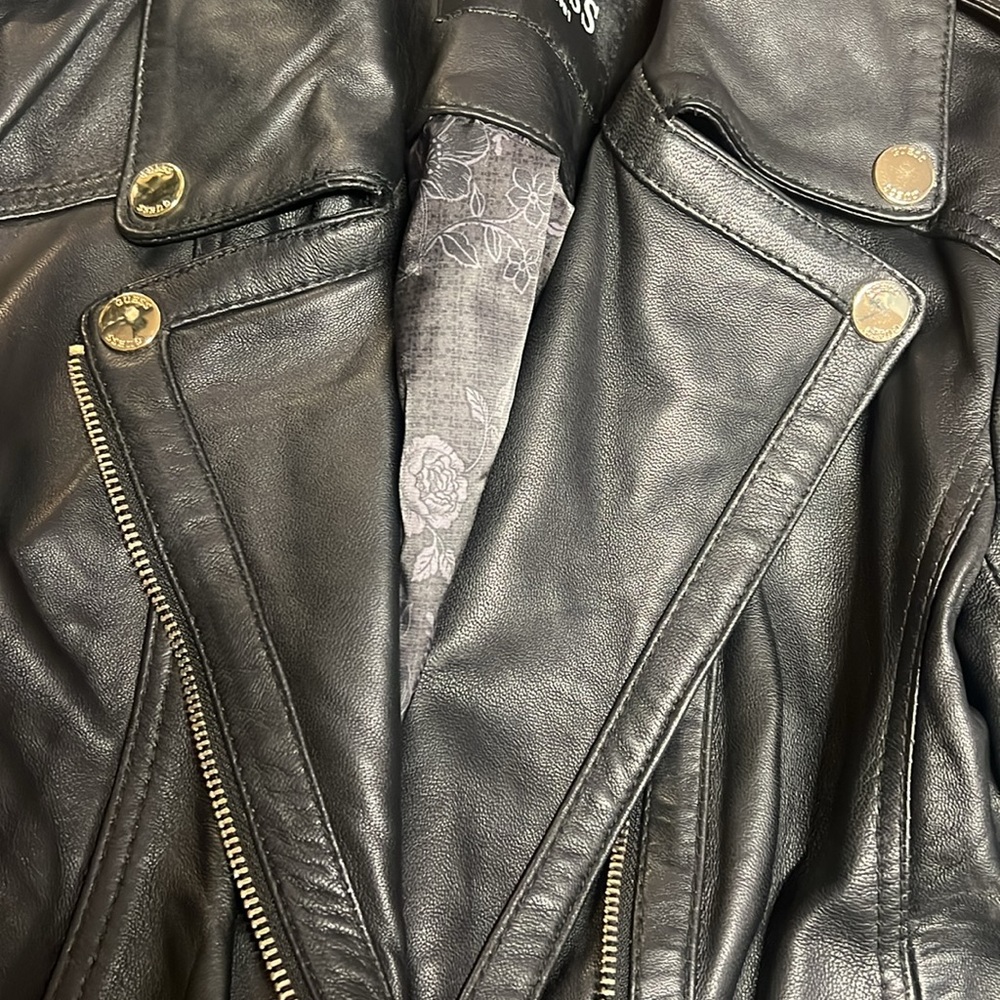 Guess Moto Black Leather Jacket with Asymmetrical Zipper Gold Ascents Size S/M - Picture 13 of 13